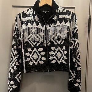 ETA Sequin Patterned Bomber Jacket - Black and White